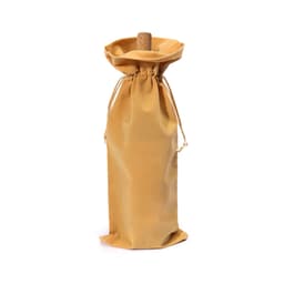 A drink bottle bag in a warm golden hue, featuring a drawstring closure and a cork stopper. It has a branding logo.