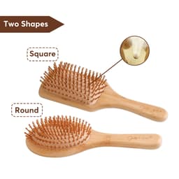 A bamboo hairbrush with round and square shapes, featuring wooden bristles and a natural finish. It has a branding logo.