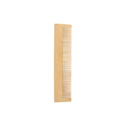 A fine-tooth bamboo comb in a natural light brown colour, featuring narrow teeth and a smooth, sleek design.