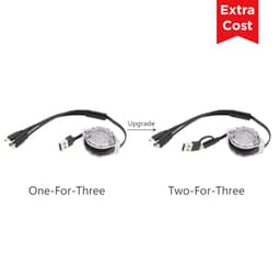 A retractable charging cable in black with multiple connectors and a clear casing, featuring a logo.