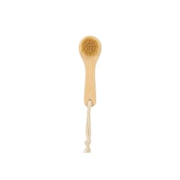 A natural wooden face brush with a bamboo handle and soft bristles, featuring a rope for hanging.