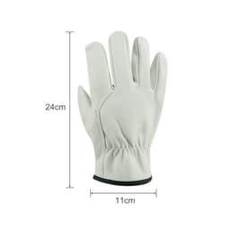 A pair of light grey leather work gloves displayed against a white background, with measurements provided.