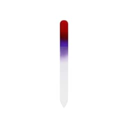 A gradient coloured glass nail file featuring a red to purple fade, with a clear tip and a logo on the handle.