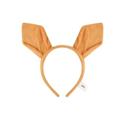 An orange headband with animal ears, featuring a simple design and a small logo tag attached.