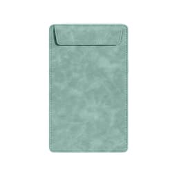 A5 magnetic clipboard in a soft green colour with a textured surface and a pocket flap at the top.