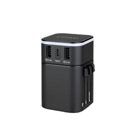 A black travel adapter with multiple ports, including USB and Type-C connections, featuring a logo.