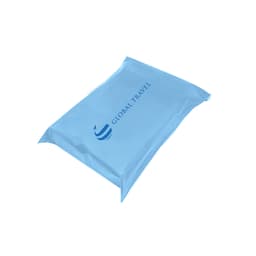 A light blue self-sealing plastic mailing bag with a logo printed on the front.