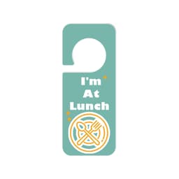 A custom shape acrylic door hanger in a teal colour with a fork and knife design. It has a circular cut-out for hanging.