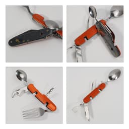 Multi-function camping flatware utensil in orange and silver, featuring a spoon, fork, knife, bottle opener, and corkscrew.