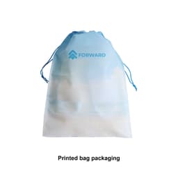 A printed bag in light blue featuring a beach scene and a logo, secured with a drawstring at the top.