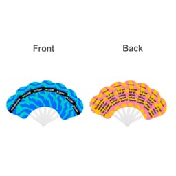 A seven-piece plastic hand fan featuring blue and pink designs with a logo and text on both sides.