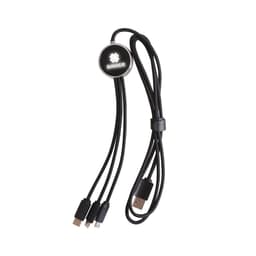 A 1.2m long charging cable in black, featuring three connectors and a round logo.