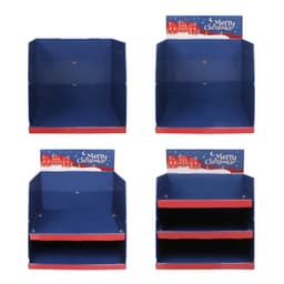 A three-tier counter display in blue with a festive red base, featuring a Christmas-themed design at the top.