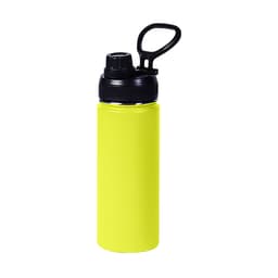 A drink bottle in vibrant yellow, featuring a black lid and carry handle, made from stainless steel with double-wall vacuum insulation.