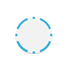 A round poker chip in white with blue accents around the edge. Features a simplistic design.