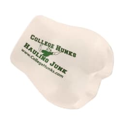 A white stress reliever shaped like a unique object with green branding.