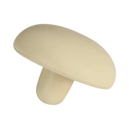 A cream-coloured mushroom-shaped stress reliever with a smooth surface, featuring a simple design and a branding logo.