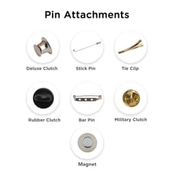 Various pin attachments displayed, including a deluxe clutch, stick pin, tie clip, rubber clutch, bar pin, military clutch, and magnet.