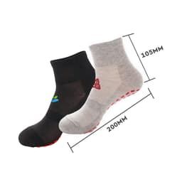 A pair of ankle-length socks in black and grey, featuring a logo and grip soles. Measurements are included.