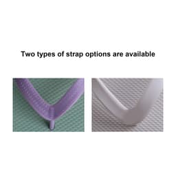 A pair of thongs with two different strap options shown in purple and white on a textured background.