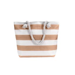 A large tote bag with white and copper stripes, featuring a rope handle with tassels. It has a branded logo.