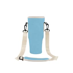 A drink bottle carrier bag in light blue with adjustable straps and clips for securing to a bottle.