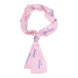 A pink chiffon long scarf featuring text and designs, with a logo present.