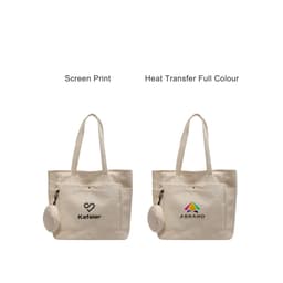A beige canvas bag with two different designs, featuring a logo on each side. It has two handles and a detachable pouch.