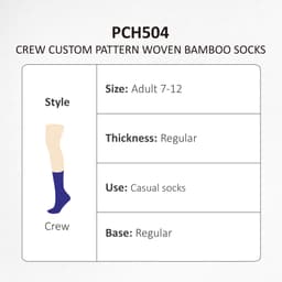 Crew custom pattern woven bamboo socks in blue, suitable for adults size 7-12, featuring a regular thickness.
