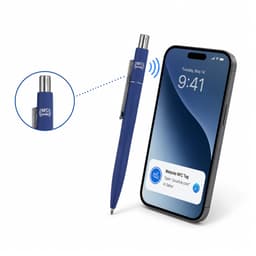A blue metal ballpoint pen with an NFC feature next to a smartphone displaying a notification. The pen has a logo.