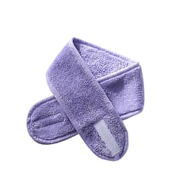 A purple promotional headband made of soft material, featuring a logo and designed for headwear.