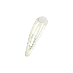 A metallic hair clip in a shiny light colour, featuring a smooth circular end. The clip has a simple design and branding.