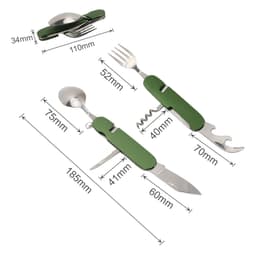 A green camping cutlery tool featuring a knife, fork, spoon, and corkscrew, with measurements displayed alongside.