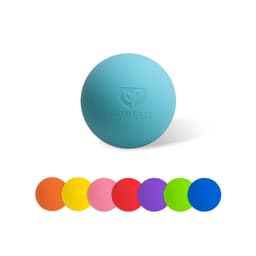A blue lacrosse ball with a logo, accompanied by a range of six colourful balls in orange, yellow, pink, purple and green.