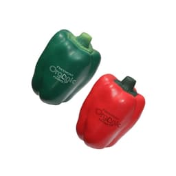 Two stress relievers shaped like a green and a red capsicum, featuring a logo on one.