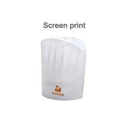 A white disposable non-woven chef hat with a logo on the front, featuring a pleated design.