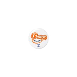 A circular NFC doming epoxy sticker featuring a white background and orange text with a logo.