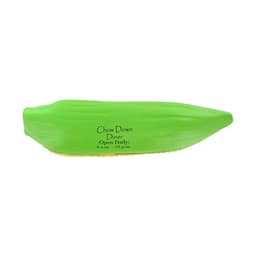 A green corn-shaped stress reliever with a yellow bottom and a logo on its side.
