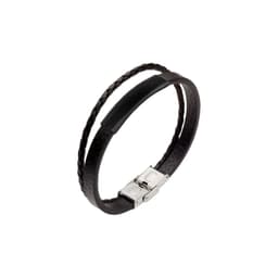 A double-layer leather bracelet featuring braided dark brown and solid black straps with a silver clasp.