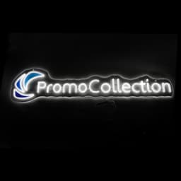 A neon LED sign featuring white and blue elements with the brand name and logo.