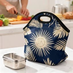 A blue neoprene lunch bag with a palm leaf design, accompanied by a stainless steel lunch container.