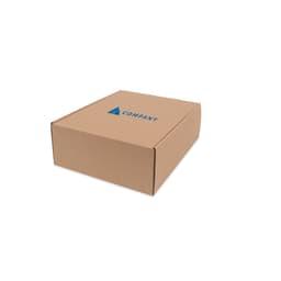 A large brown cardboard shipper box with a logo printed on the top.