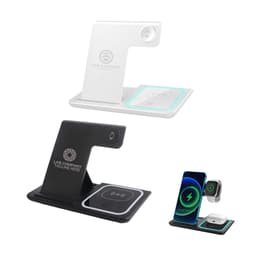 A 3-in-1 portable wireless charger in white and black, designed for charging phones and devices, featuring logos.