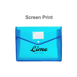A blue and lime document folder with a transparent front, features a button closure and an index label area.