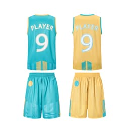 A reversible basketball uniform featuring a turquoise and yellow design, with shorts and a sleeveless jersey displaying a number 9.