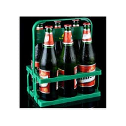 A foldable green beer basket holding several bottles of beer with a handle on top.