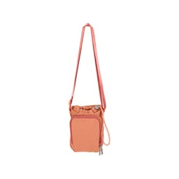 A drink bottle holder in a soft peach colour with a strap and a zippered pocket. It features a logo on the front.