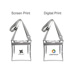 Two grey PVC clear crossbody bags with inner pouches, featuring different printing styles and a logo on each.