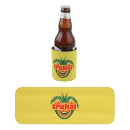 A drink bottle is nestled in a yellow stubby holder featuring a logo with a pineapple design.