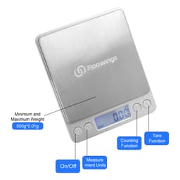 A silver rechargeable kitchen scale with a digital display, featuring buttons for various functions and a logo.